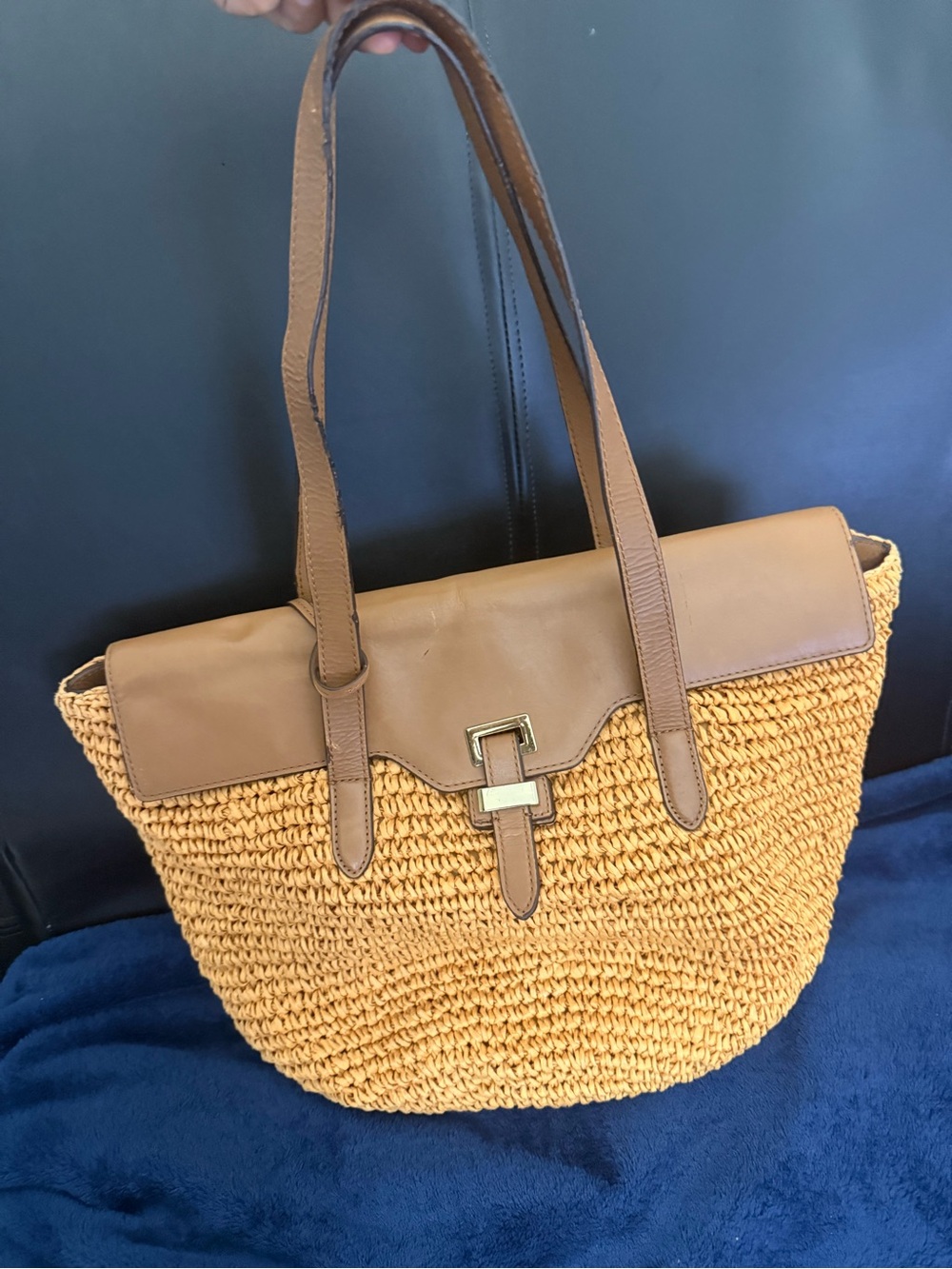 Michael Kors Tan Woven Straw Tote with Brown Leather Trim and Gold-Tone Lock